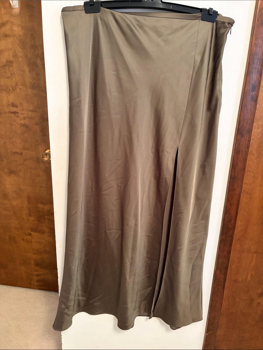 Mango Olive Brown Satin Maxi Skirt with Side Slit